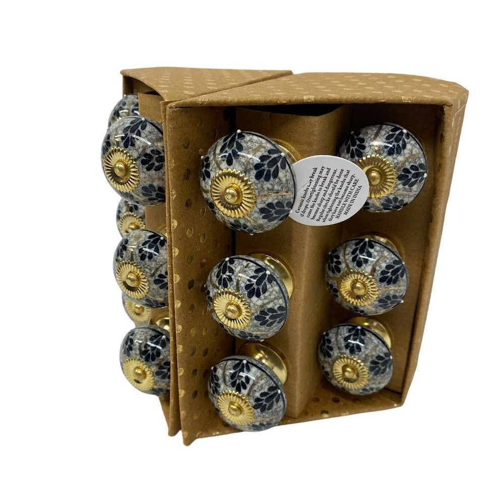 Gray & Gold Black Hand Painted Ceramic Cupboard Cabinet Drawer Pulls 12 Knobs - Picture 2 of 6